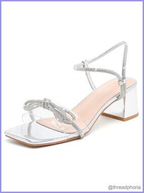 Women's Double Bowknot Crystal Sandals Clear Slingback Square Toe Low Block